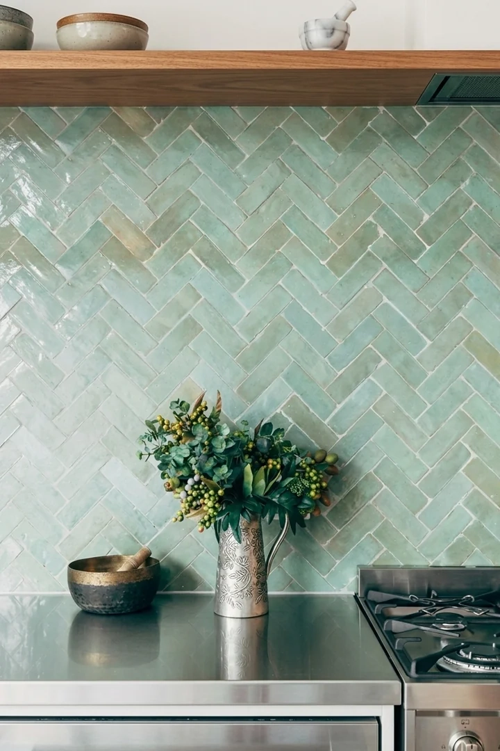 azulejos de barro esmaltado cocina con pared de zellige agua marina