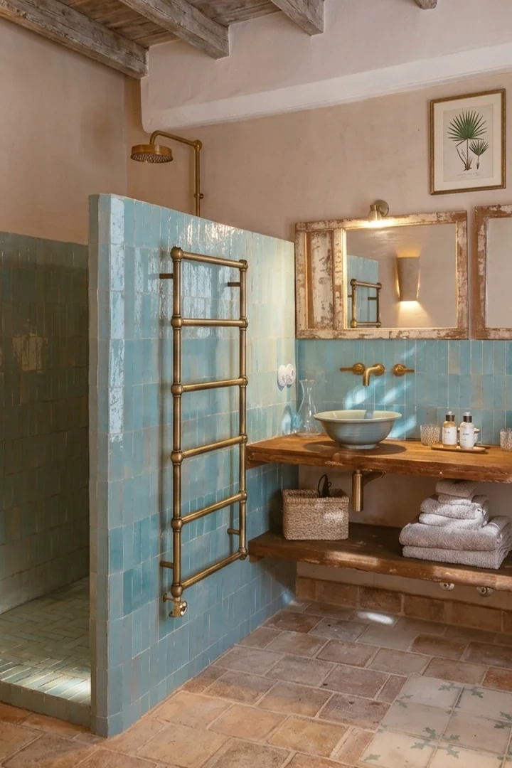 elegir las mejores baldosas de barro esmaltado - baño con pared de zellige