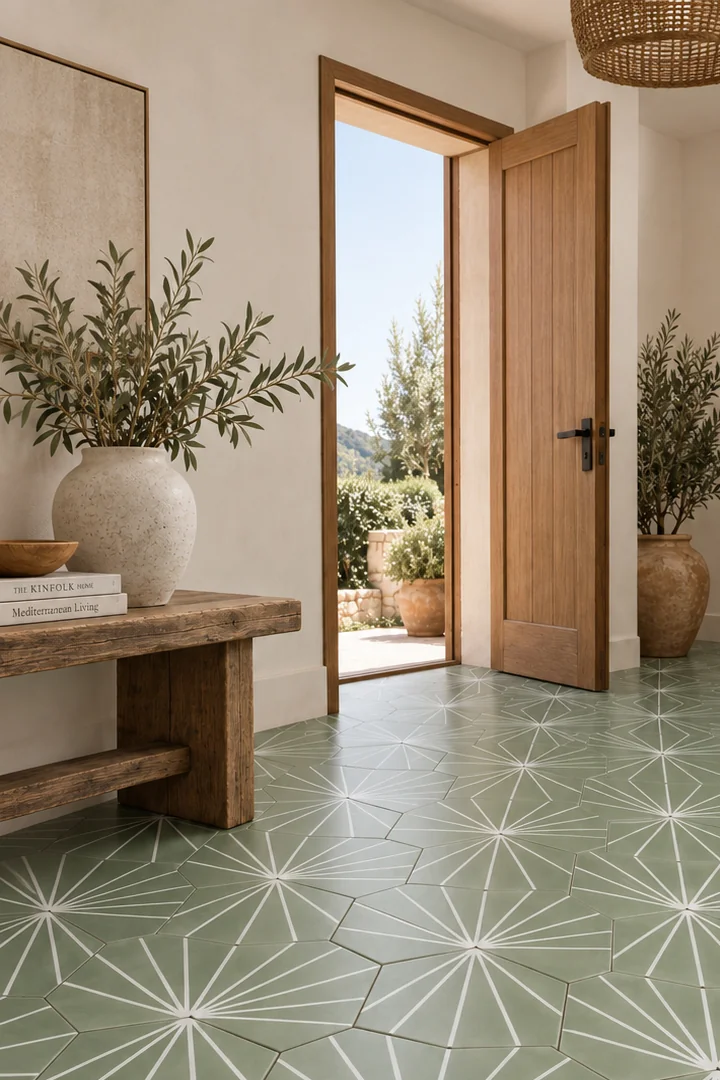 Baldosas hexagonales verdes con diseño geométrico blanco